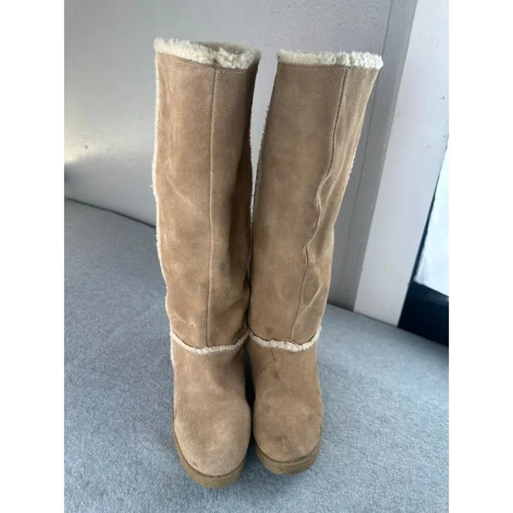 Vintage Y2K Genuine Suede Sherpa Lined Tan Tall Womens Boots Size US 7 Cabincore